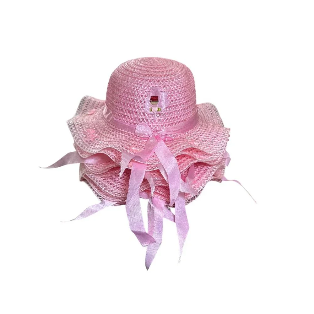 Pink Straw Set of 10pcs Sun Hat For Girls With Ribbon Bow & Floral Accents, Ligh